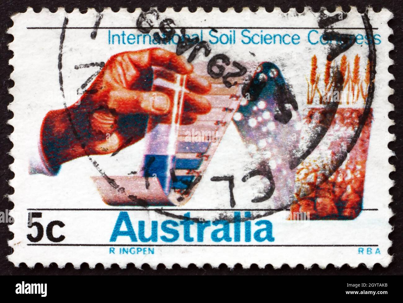 AUSTRALIA - CIRCA 1968: a stamp printed in Australia shows Soil Testing Through Chemistry and by Computer, 9th International Congress of Soil Science, Stock Photo