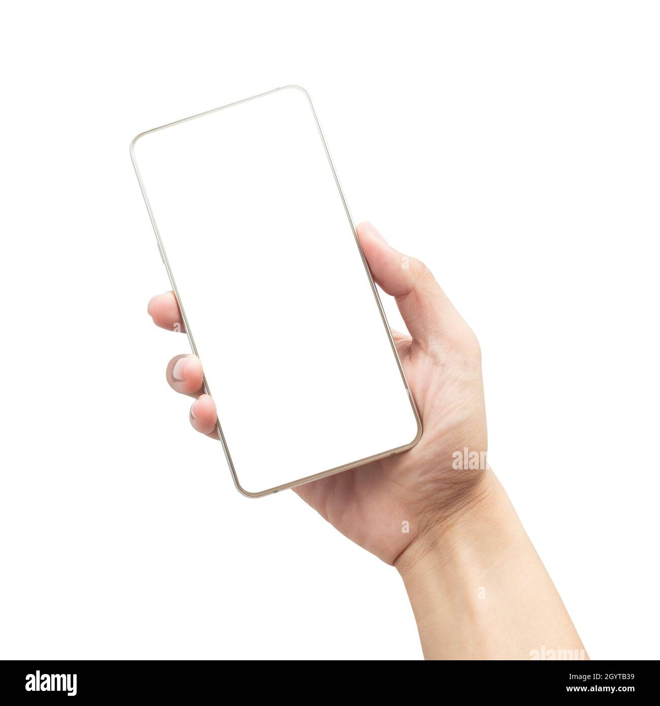Male hand holding the gold smartphone with blank screen isolated on ...