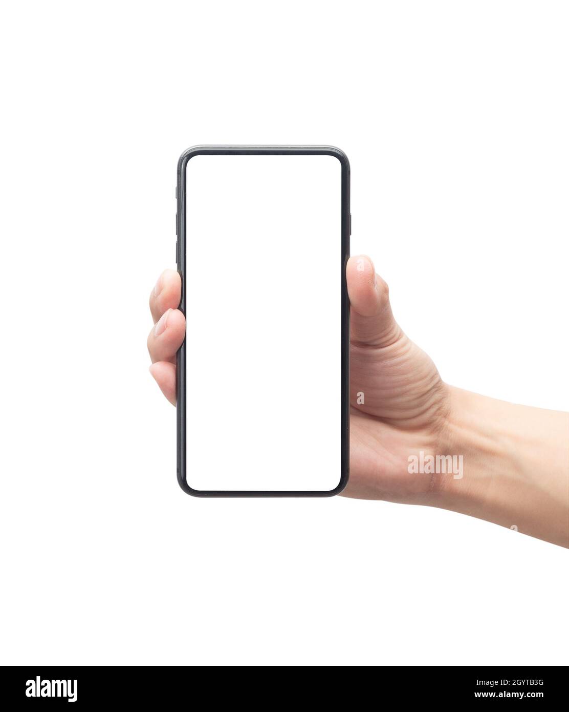 Male hand holding the black smartphone with blank screen isolated on ...