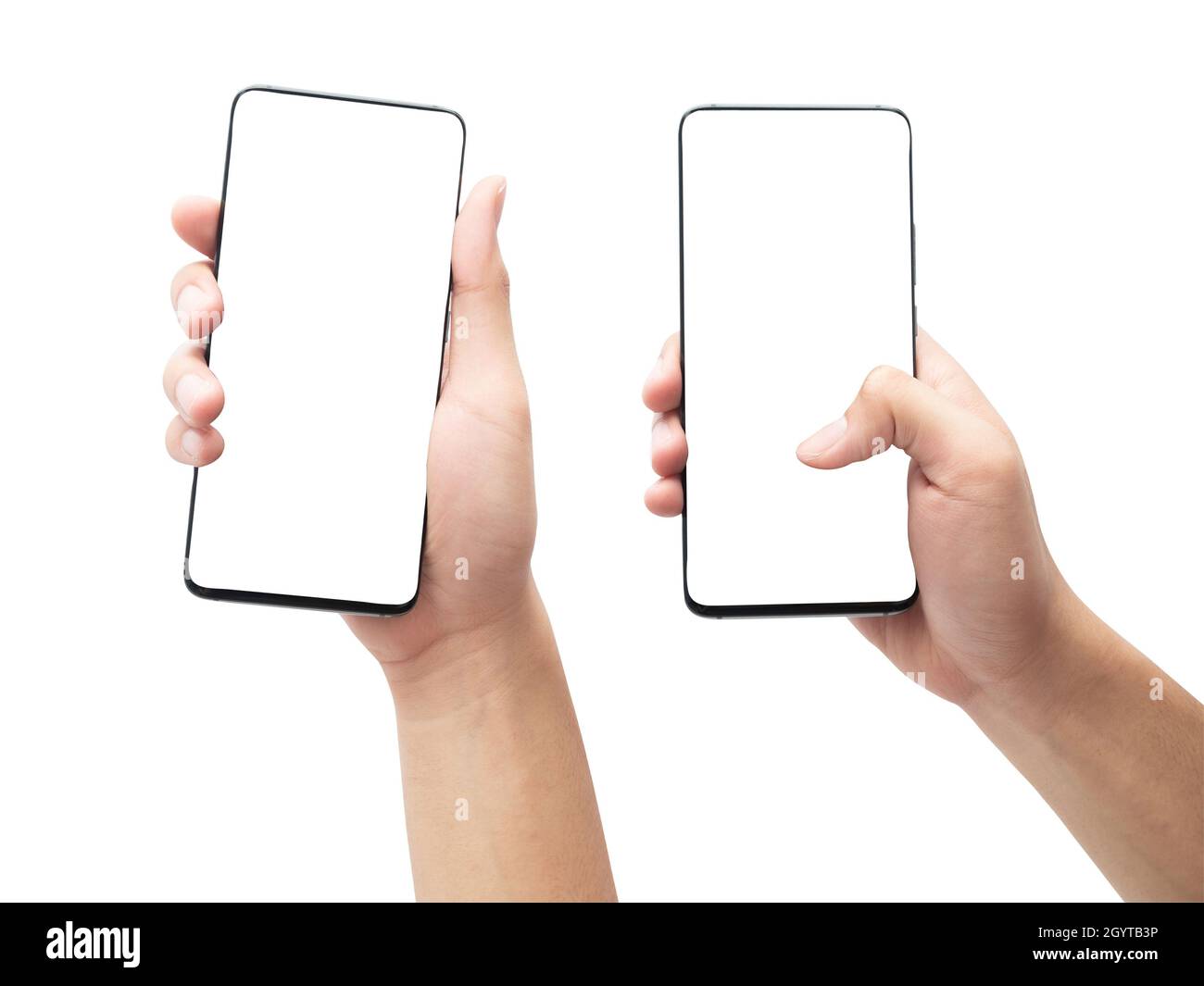 Set of male hand holding the black smartphone with blank screen ...