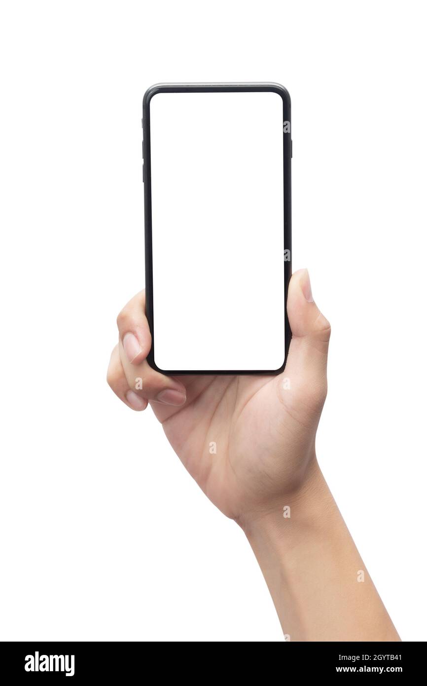Male hand holding the black smartphone with blank screen isolated on ...