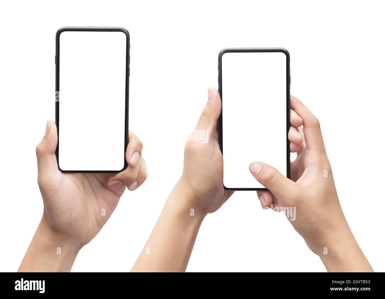 Set of Male hand holding the black smartphone with blank screen ...