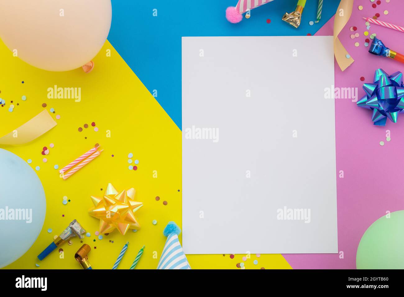 Happy Birthday Background Flat Lay Colorful Party Decoration With Flyer Invitation Card On Pastel Yellow Blue And Pink Geometric Background Stock Photo Alamy