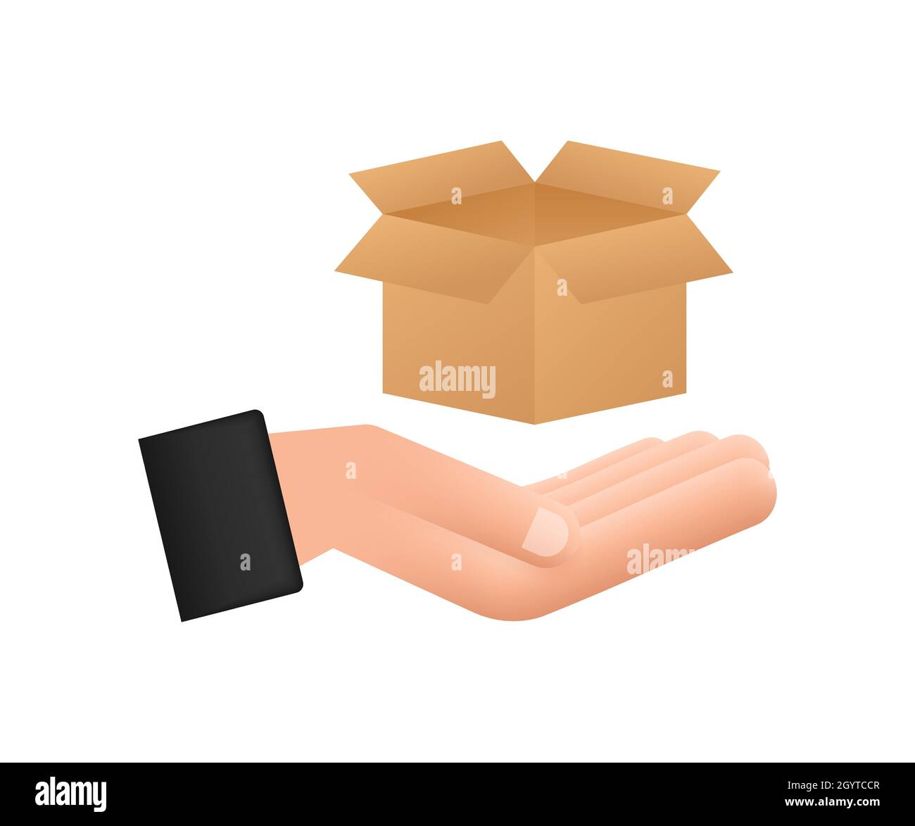 Carton parcel open box in hands. Shipping delivery symbol. Gift box icon. Vector stock illustration. Stock Vector