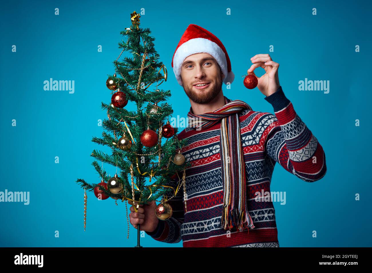 handsome man in a santa hat holding a banner holiday studio posing ...