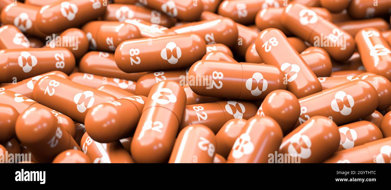 full frame image of pills of the drug molnupiravir molnupiravir was developed by merck co and is an antiviral covid 19 therapy selective focus 2GYTHTC