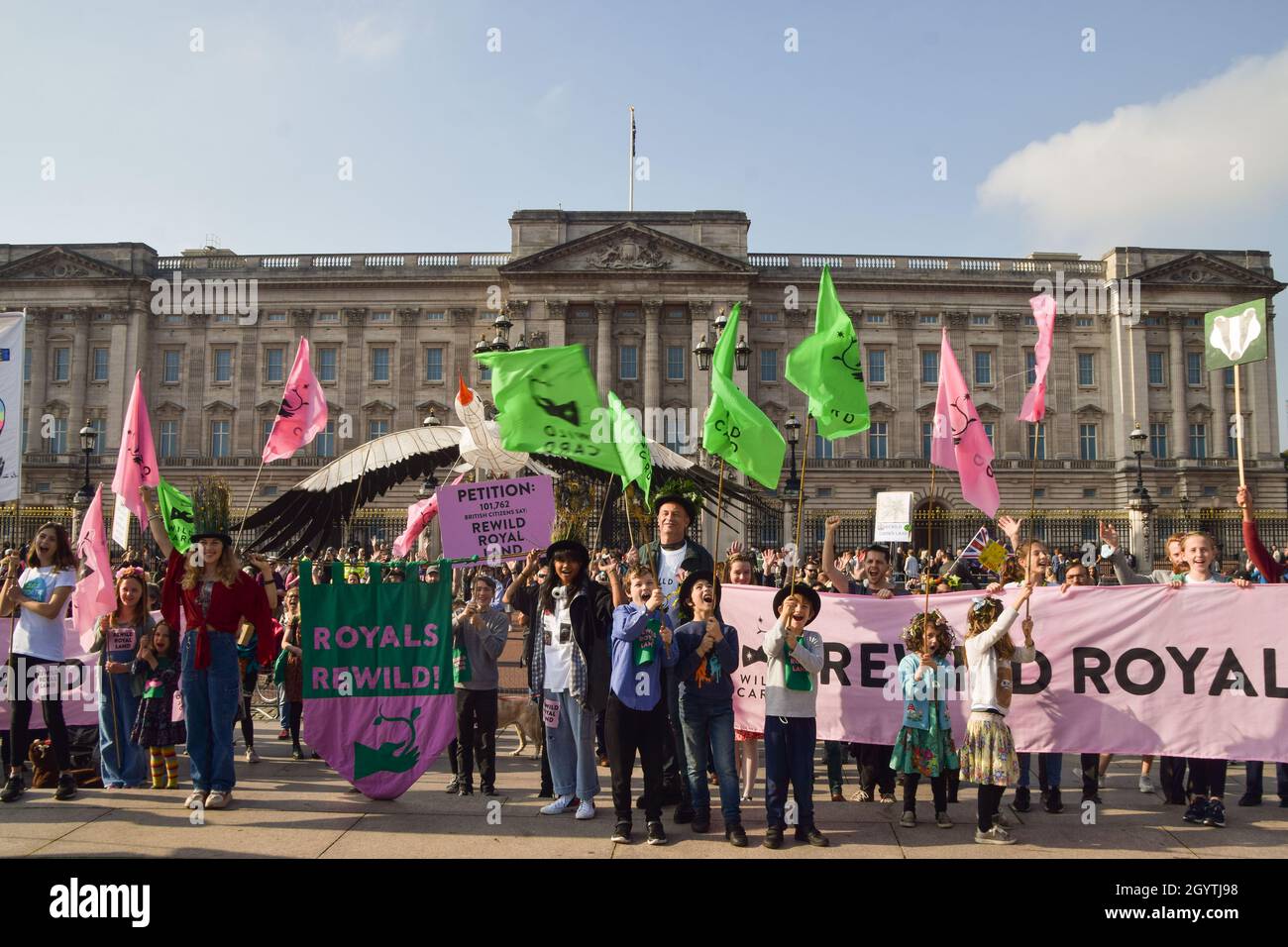 London, UK. 9th October 2021. Protesters, children, and families gathered outside Buckingham Palace and delivered a petition asking the royal family to rewild their land to increase wildlife and help fight the climate crisis. Stock Photo