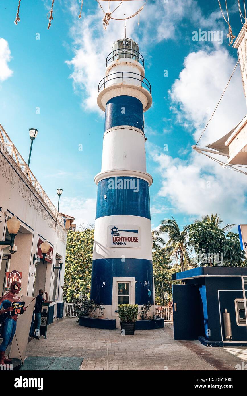 Low angle view of Cancun lighthouse marina tower Stock Photo