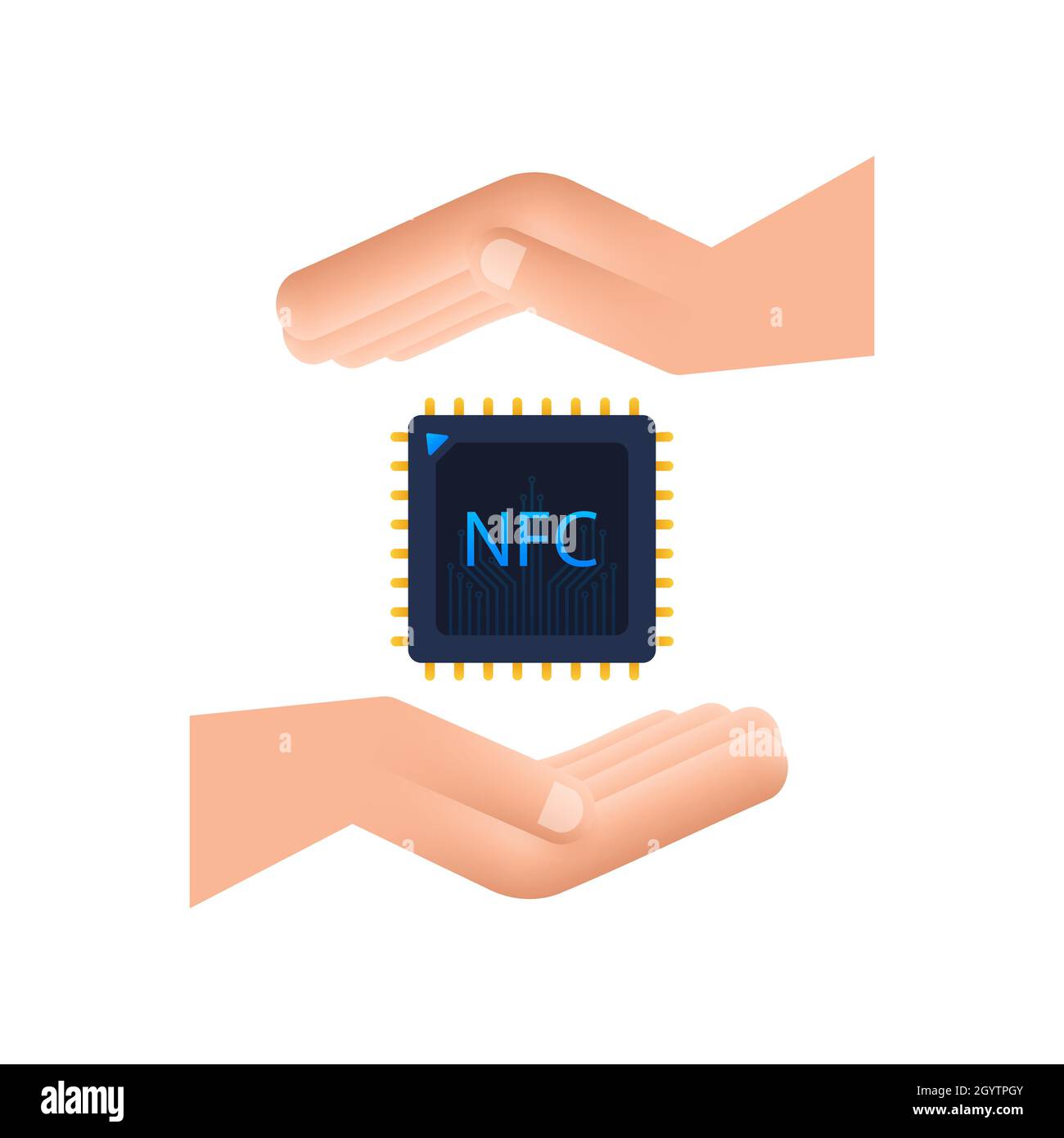 NFC processor icon with hands. NFC chip. Near field communication