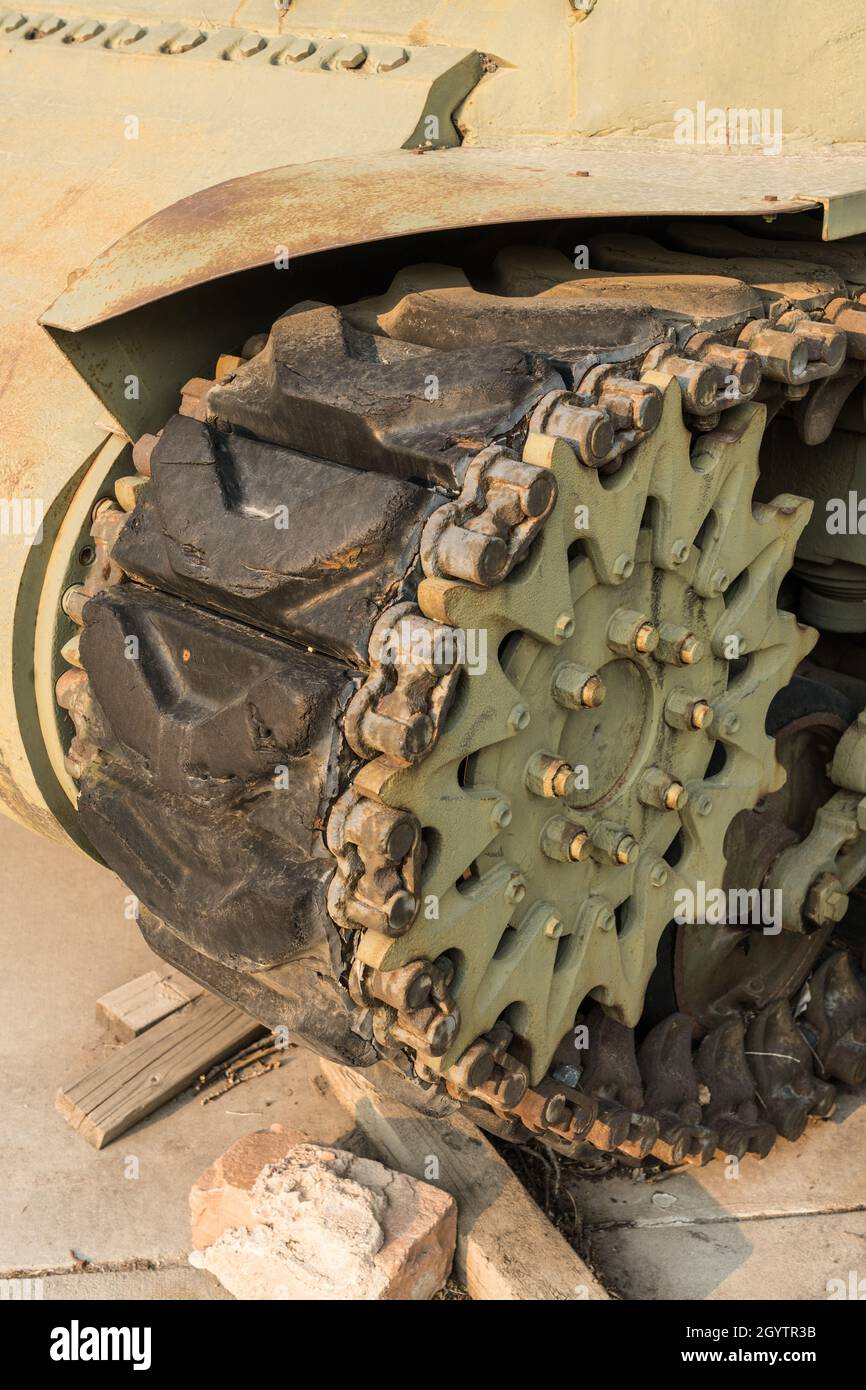 Detail of the front track drive sprocket and tread of an M4 Sherman