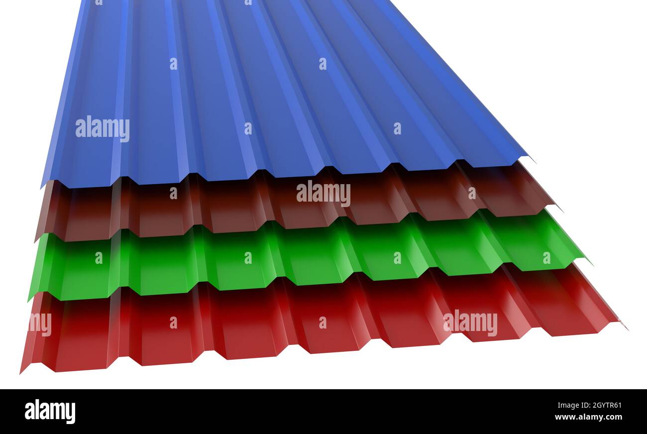 3d illustration of four deferent colors metal corrugated roof sheets stack  on a white background Stock Photo - Alamy