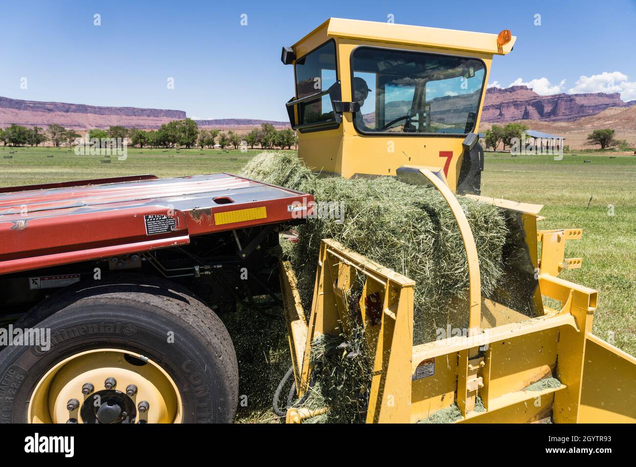 A New Holland Automatic Bale Wagon or stack wagon loading hay bales on