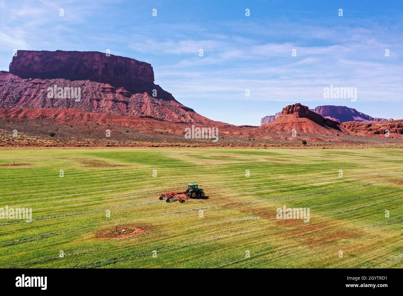A rotary rake combining smaller windrows of hay into one larger row for ...