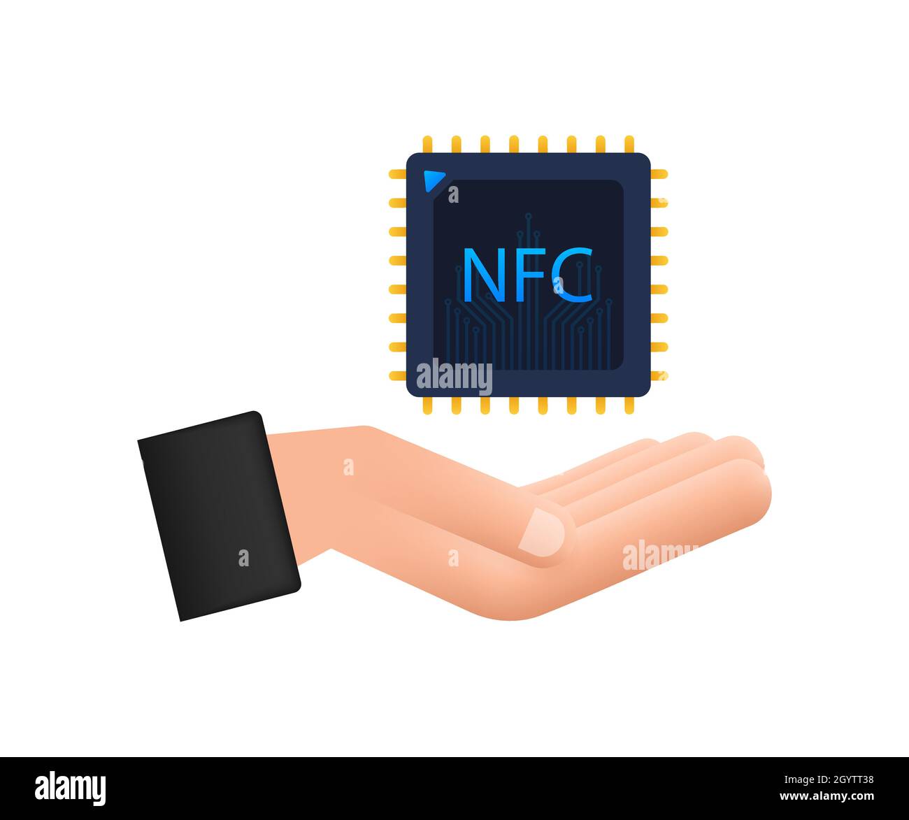 NFC processor icon with hands. NFC chip. Near field communication