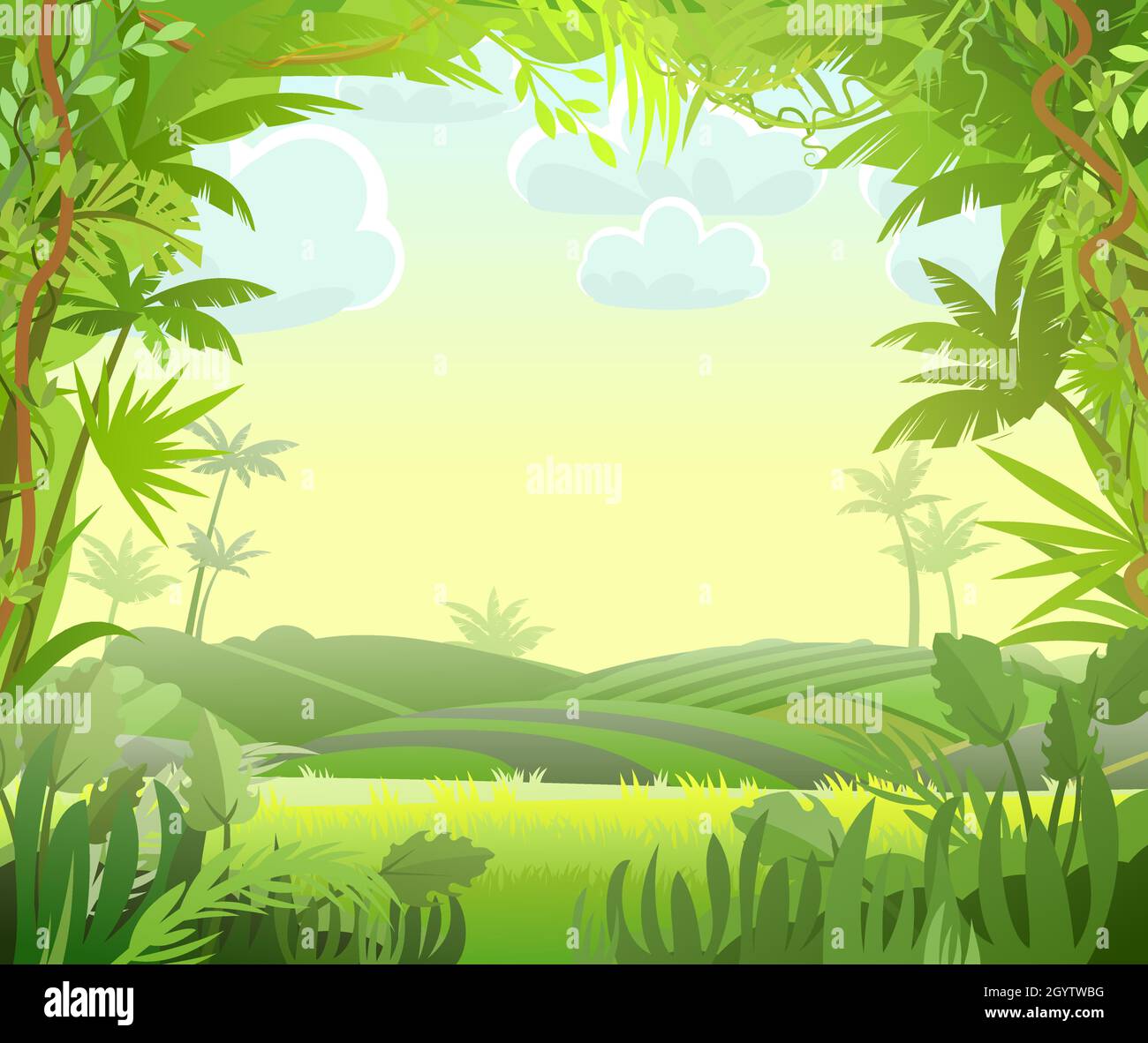 Countryside Jungle background. Plants rainforest. Beautiful green landscape  with exotic trees and palms. Cute cartoon style. Vector Stock Vector Image  & Art - Alamy