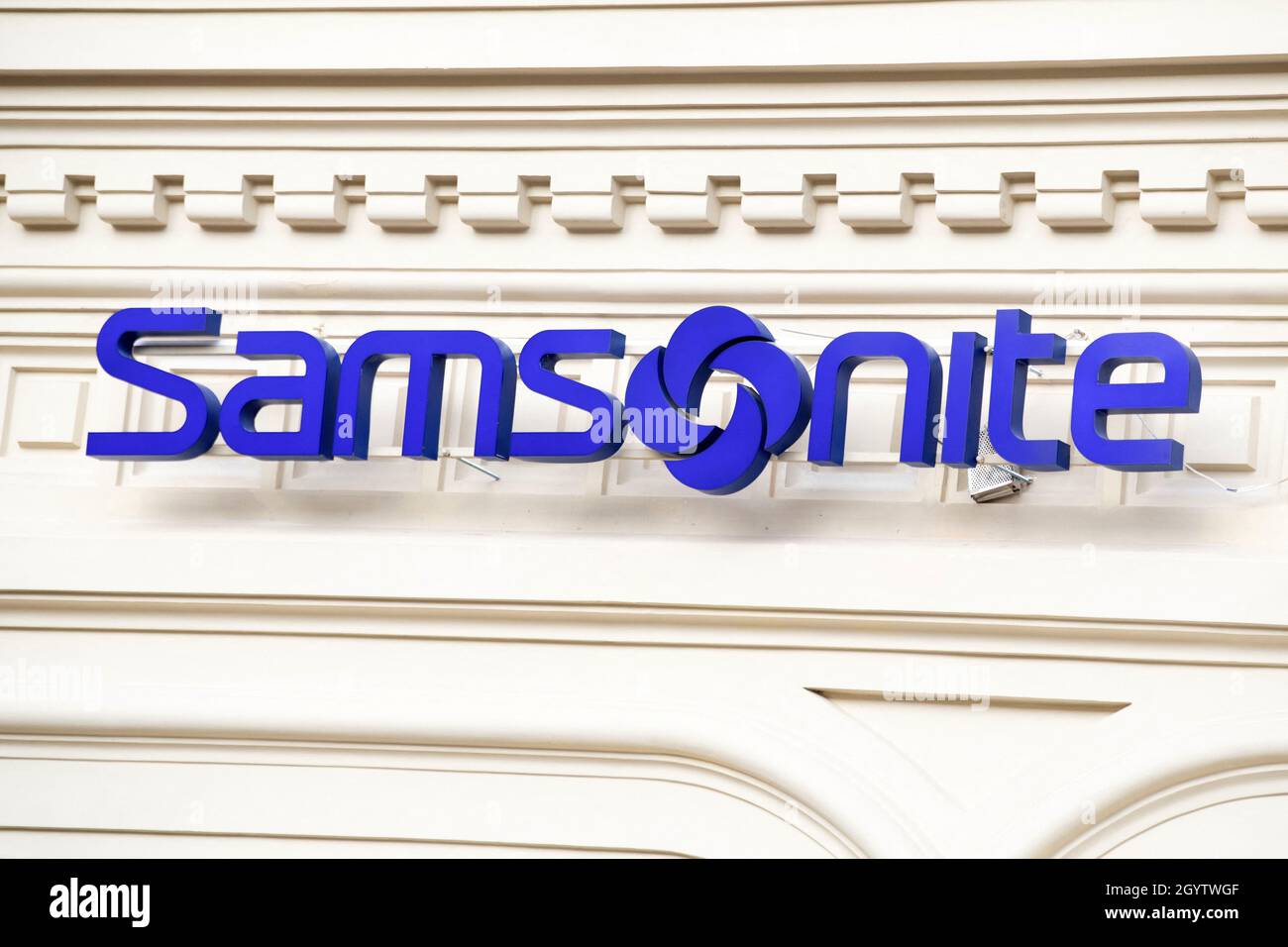 A shop sign of SAMSONITE, on September 27 2021 in Moscow, Russia. Photo