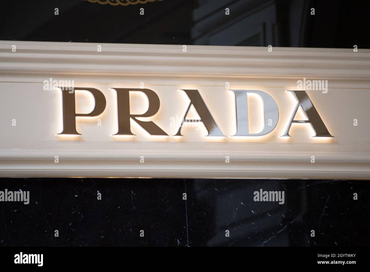 A shop sign of Prada, on September 27 2021 in Moscow, Russia. Photo by  David Niviere/ABACAPRESS.COM Stock Photo - Alamy