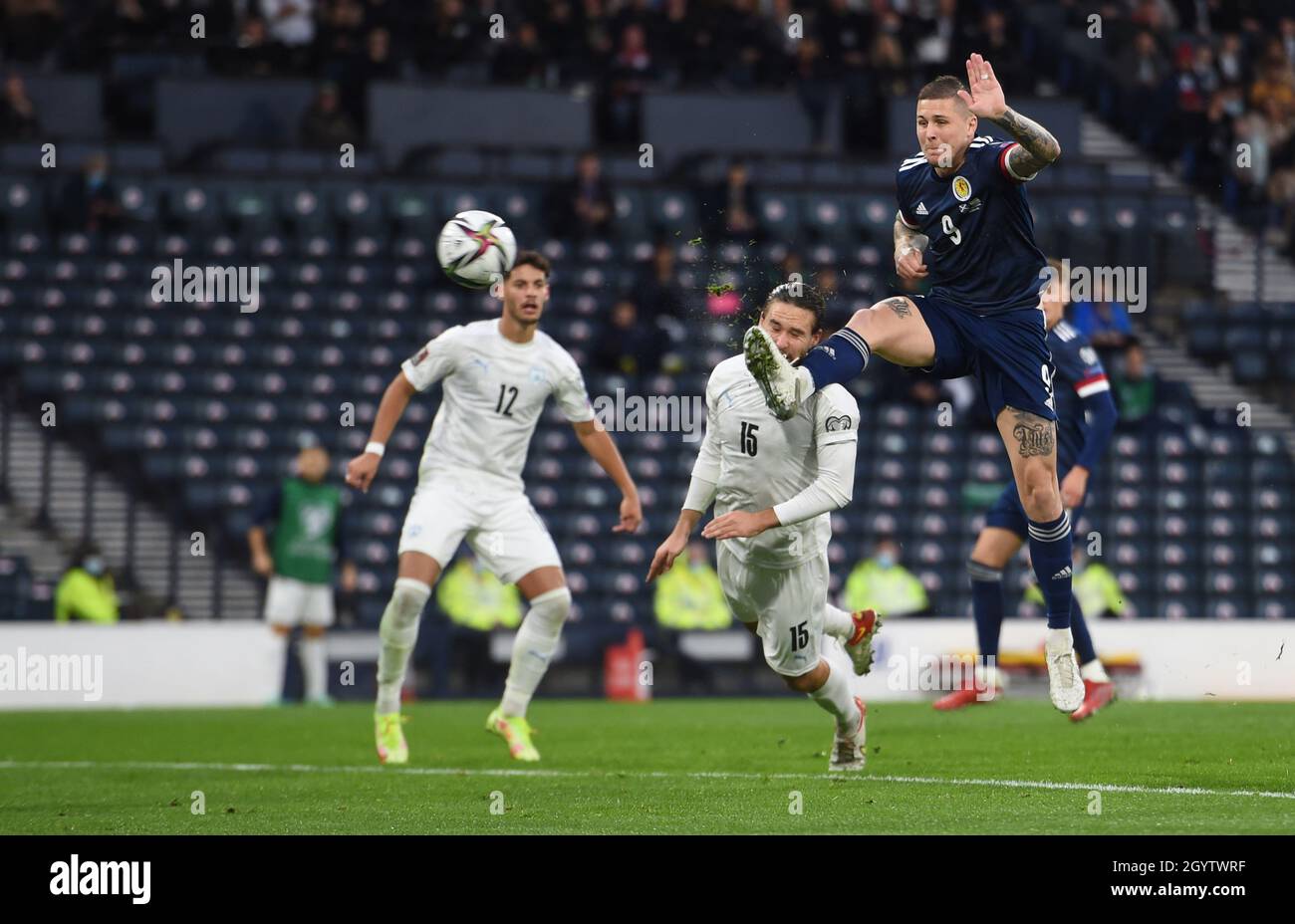 Glasgow, Scotland, 9th October 2021. Lyndon Dykes of Scotland equalises  during the FIFA World Cup qualifiers match at Hampden Park, Glasgow. Picture credit should read: Neil Hanna / Sportimage Stock Photo