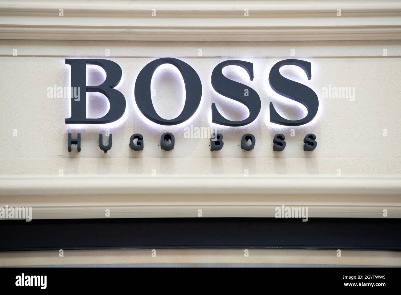 A shop sign of HUGO BOSS, on September 27 2021 in Moscow, Russia. Photo by  David Niviere/ABACAPRESS.COM Stock Photo - Alamy