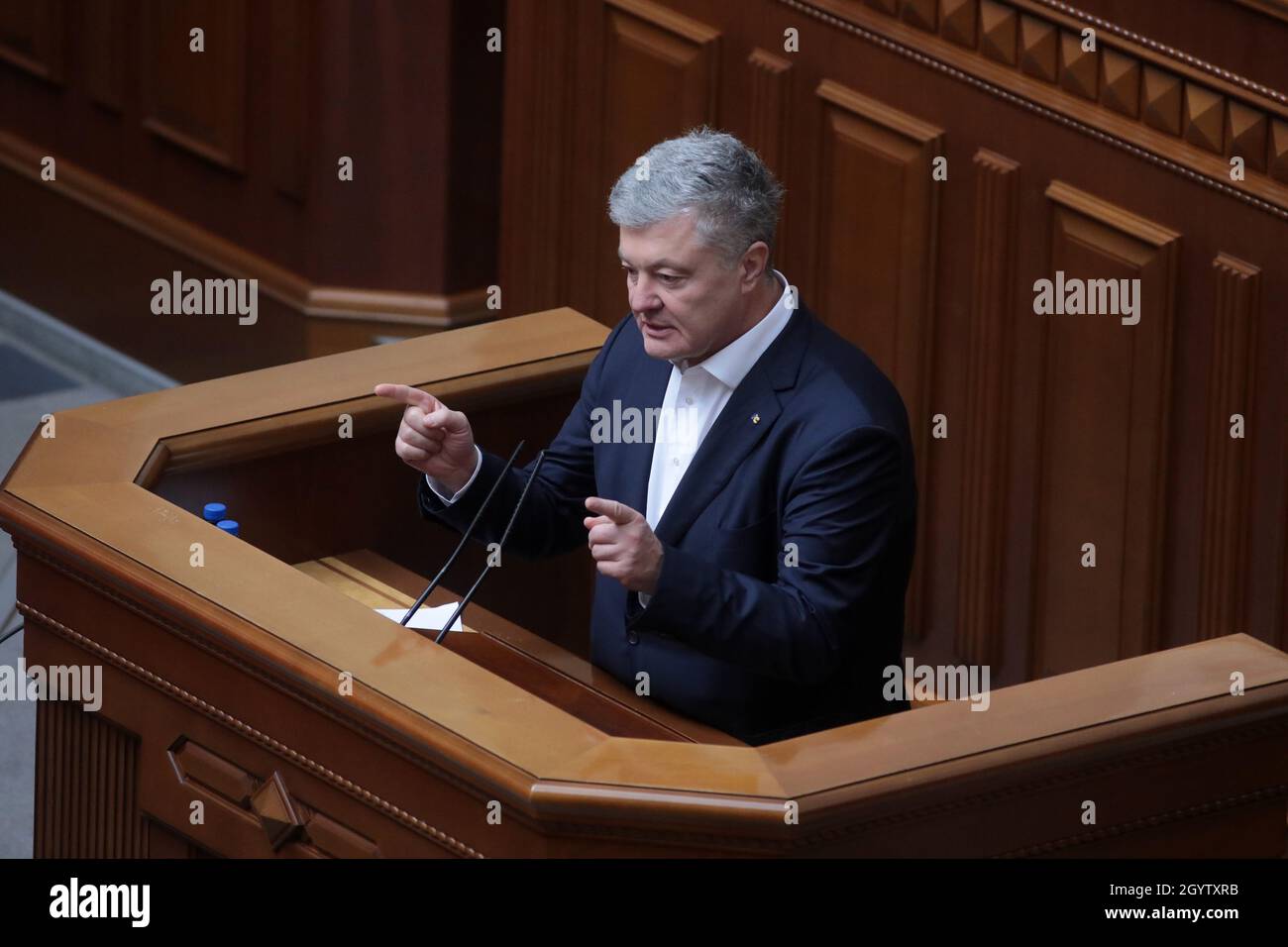 Non Exclusive: KYIV, UKRAINE - OCTOBER 08, 2021 - MP of Ukraine, Fifth President of Ukraine Petro Poroshenko speaks from the rostrum during the parlia Stock Photo