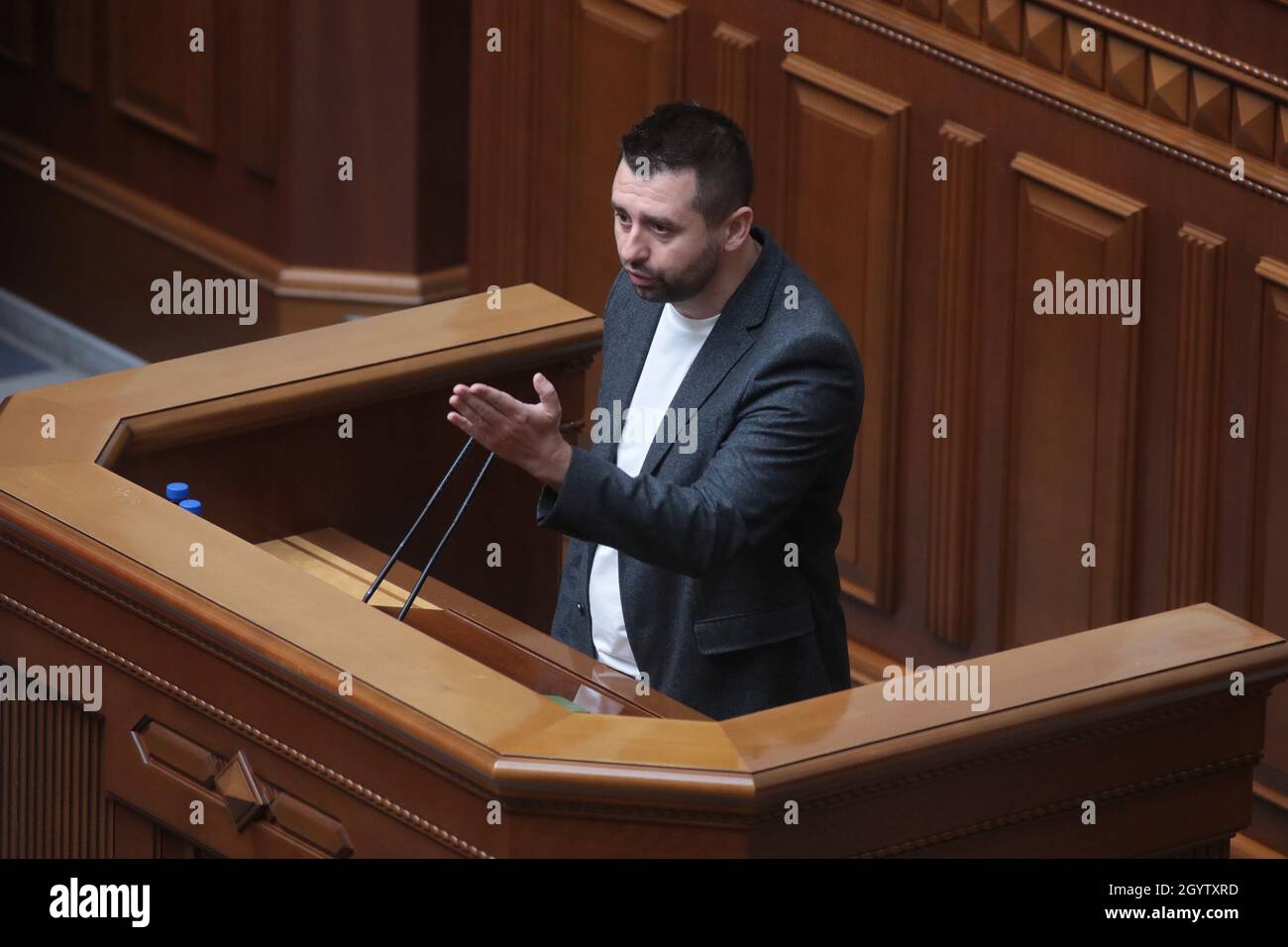 Non Exclusive: KYIV, UKRAINE - OCTOBER 08, 2021 - MP Davyd Arakhamiya speaks from the rostrum during the parliamentary sitting, Kyiv, capital of Ukrai Stock Photo