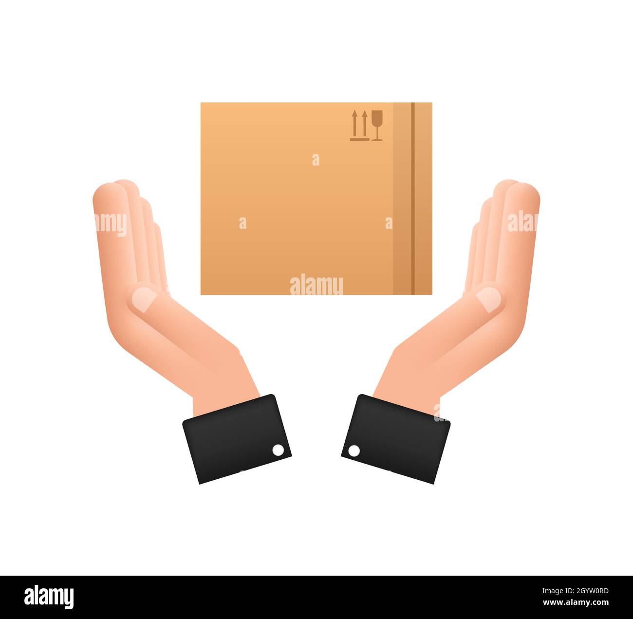 Carton parcel box in hands. Shipping delivery symbol. Gift box icon. Vector stock illustration. Stock Vector