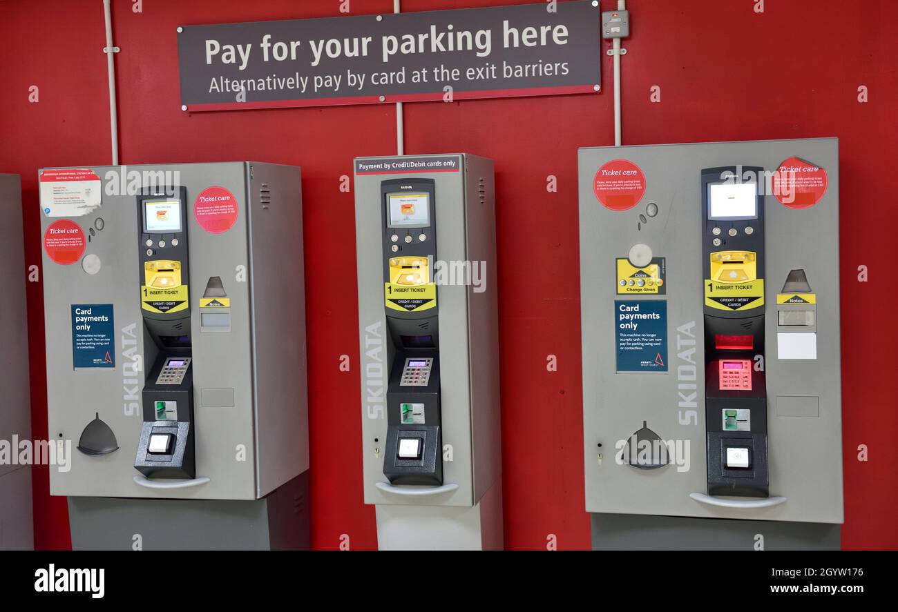 Parking lot pay station with machines only taking payment by card, no cash to dispense or pay for ticket Stock Photo