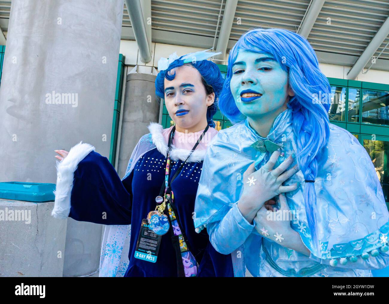 Attendees cosplayers portraying Emily the Corpse Bride in blue clothes and makeup at Comic Con in Los Angeles, CA, United States Stock Photo