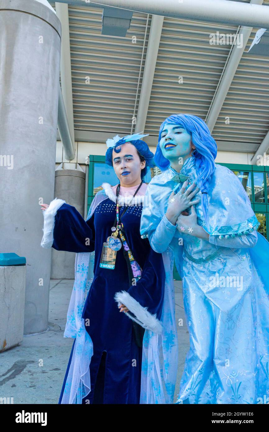 Attendees cosplayers portraying Emily the Corpse Bride in blue clothes and makeup at Comic Con in Los Angeles, CA, United States Stock Photo