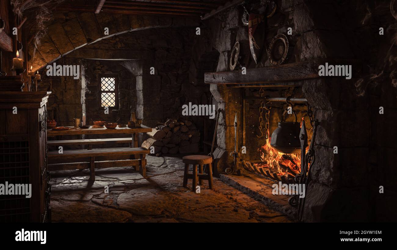 3D illustration of a medieval tavern inn bar with large open fireplace and cooking pot on the fire. Stock Photo
