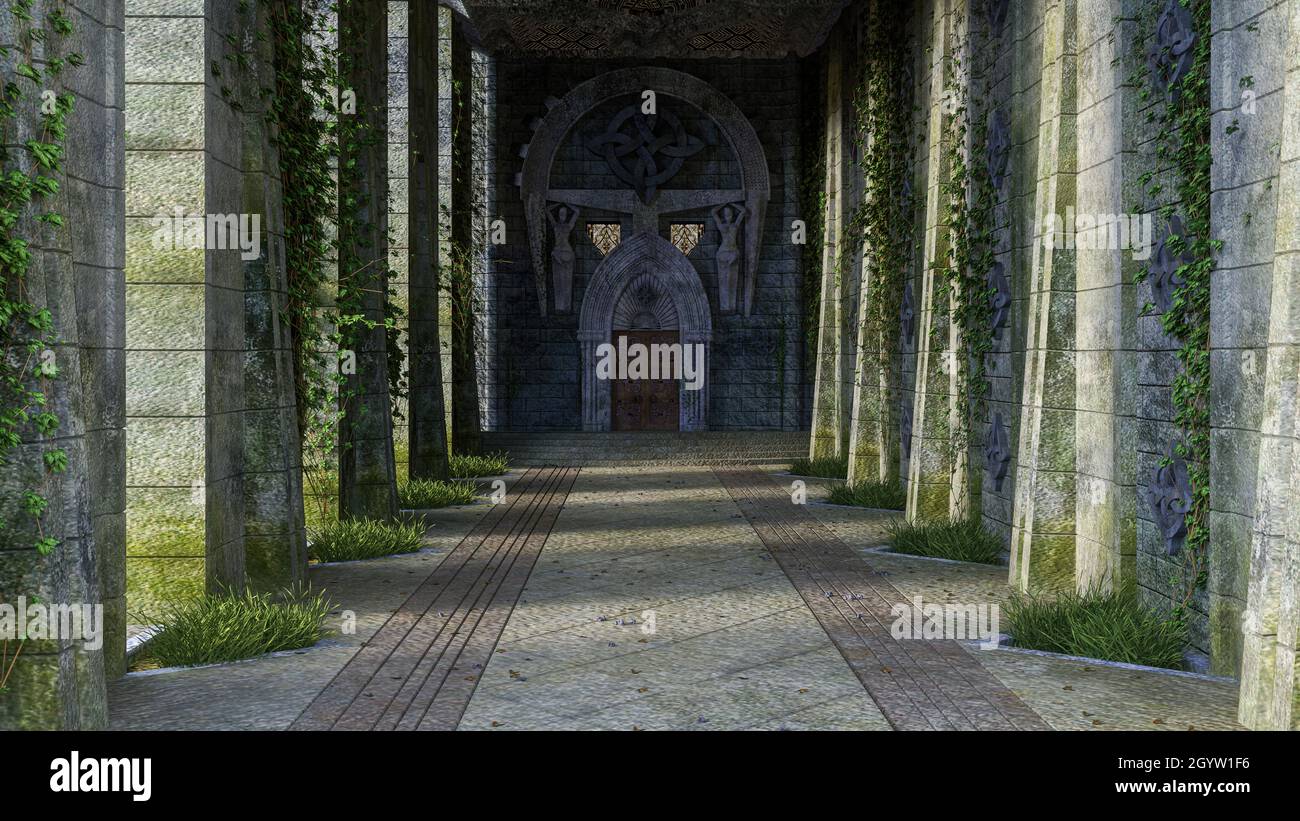 3D illustration of an old medieval fantasy castle hall with stone