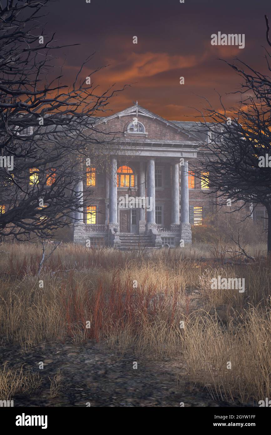 Portrait format 3D illustration of a creepy old decaying mansion house surrounded by long grass and trees. Stock Photo