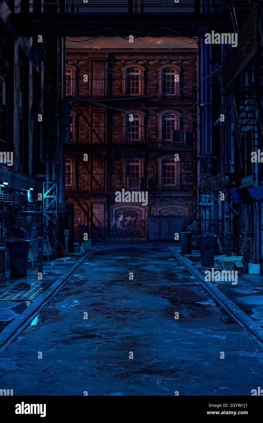Portrait format 3D illustration of a seedy cyberpunk city backstreet in the evening. Stock Photo