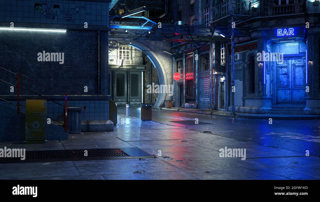 3D illustration of a dark futuristic urban street scene at night in a seedy cyberpunk city. Stock Photo