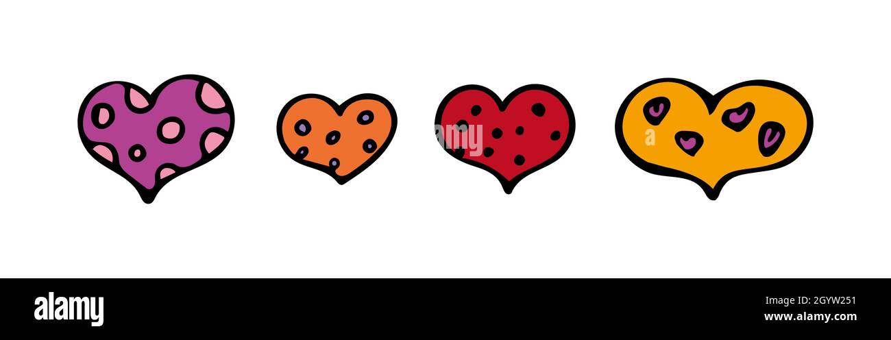 Vector illustration with violet, orange, red and yellow hearts. Doodle design elements.  Stock Vector