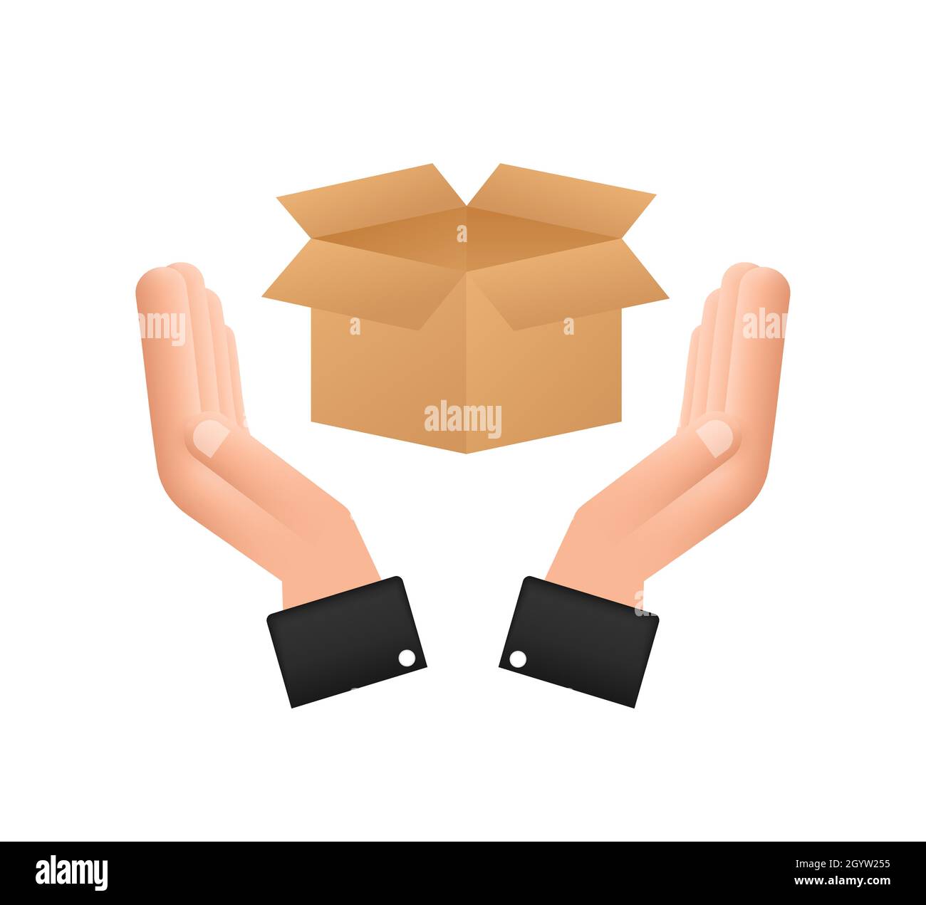 Carton parcel open box in hands. Shipping delivery symbol. Gift box icon. Vector stock illustration. Stock Vector