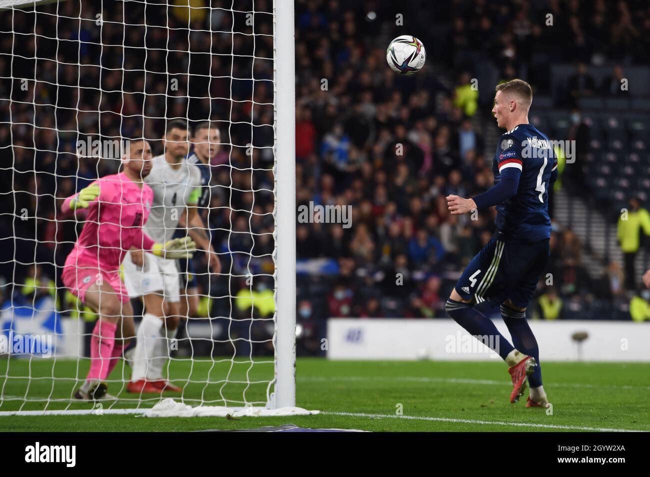 Glasgow, Scotland, 9th October 2021.  Scott McTominay of Scotland scores the winner  during the FIFA World Cup qualifiers match at Hampden Park, Glasgow. Picture credit should read: Neil Hanna / Sportimage Stock Photo