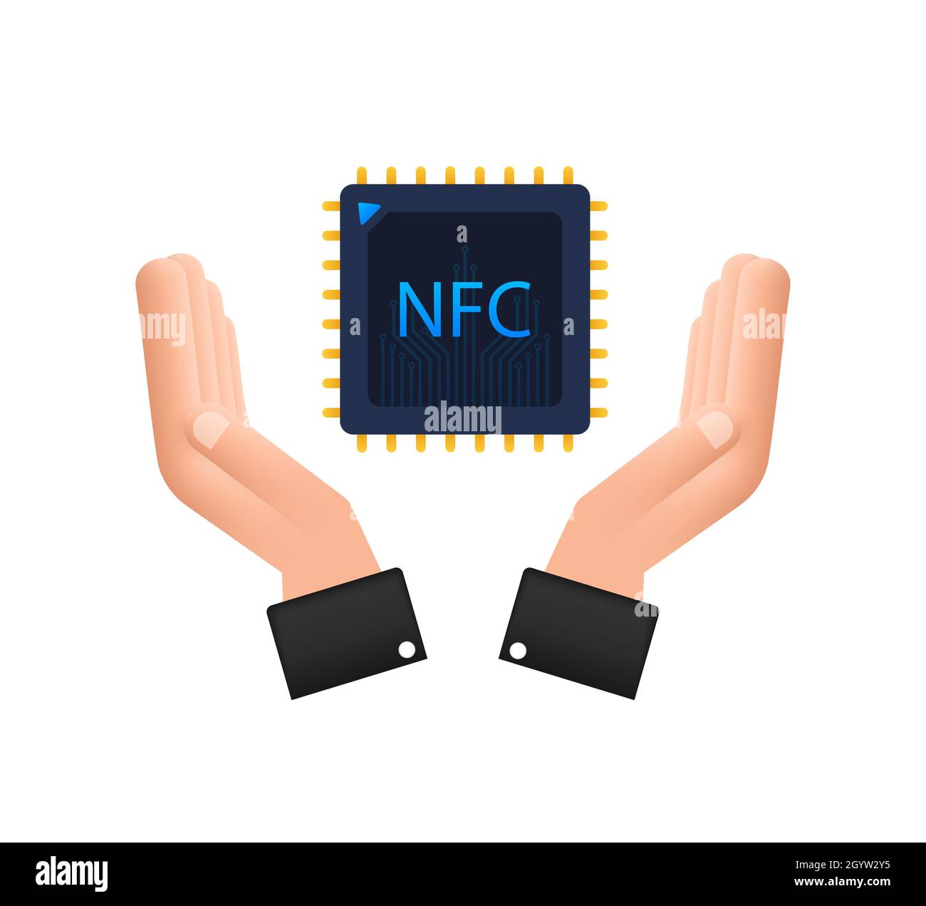 NFC processor icon with hands. NFC chip. Near field communication
