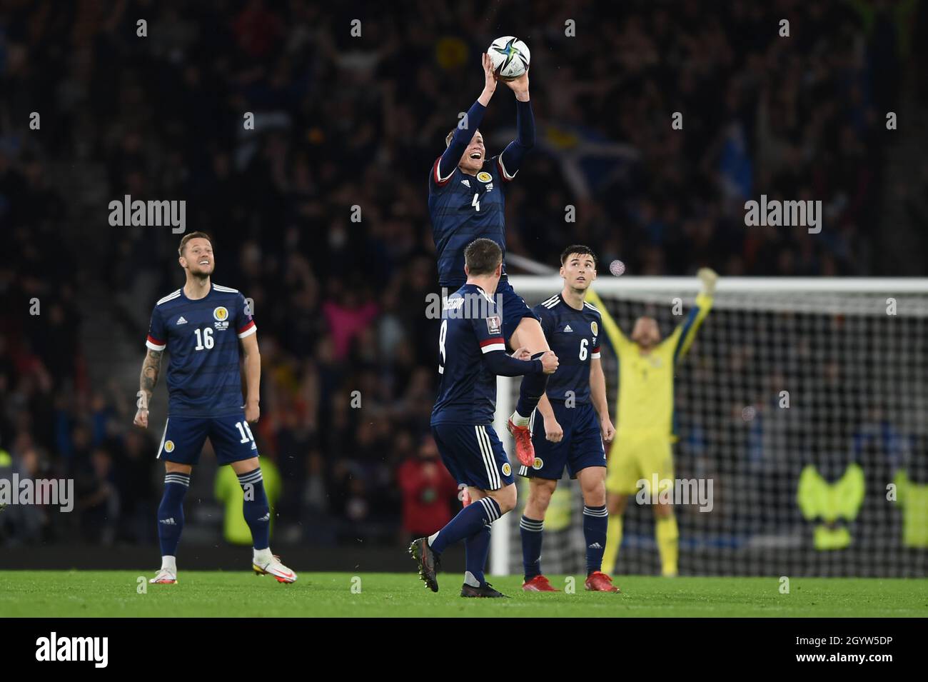 Glasgow, Scotland, 9th October 2021.  Scott McTominay of Scotland grabs the ball at full time after scoring the winner in the FIFA World Cup qualifiers match at Hampden Park, Glasgow. Picture credit should read: Neil Hanna / Sportimage Stock Photo