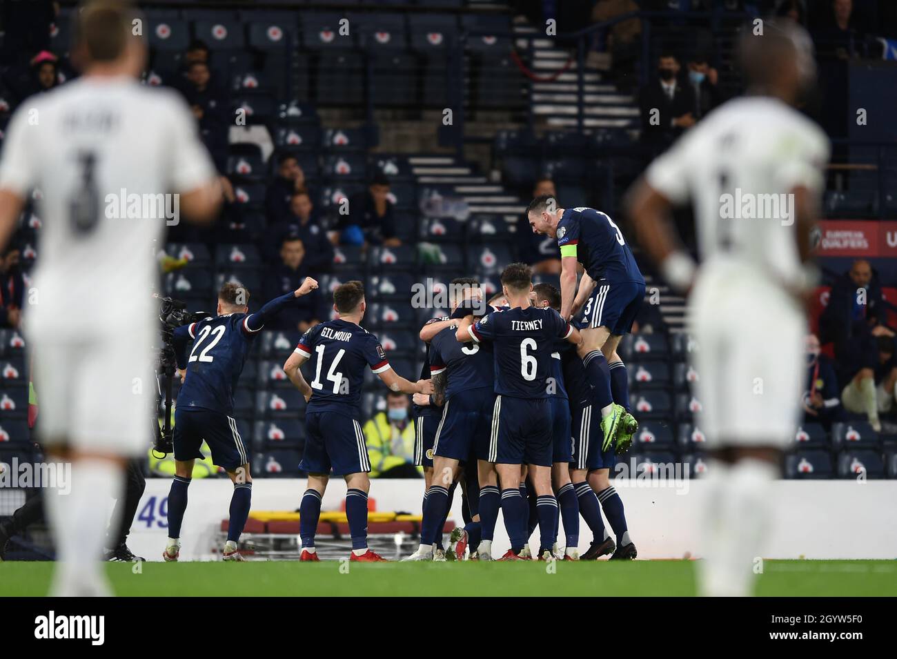 Glasgow, Scotland, 9th October 2021.  Scott McTominay of Scotland scores the winner  during the FIFA World Cup qualifiers match at Hampden Park, Glasgow. Picture credit should read: Neil Hanna / Sportimage Stock Photo