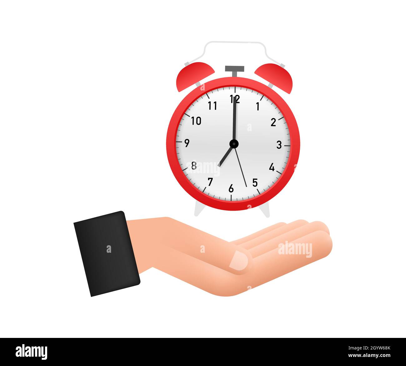 Alarm clock, wakeup time in hands on white background. Vector stock
