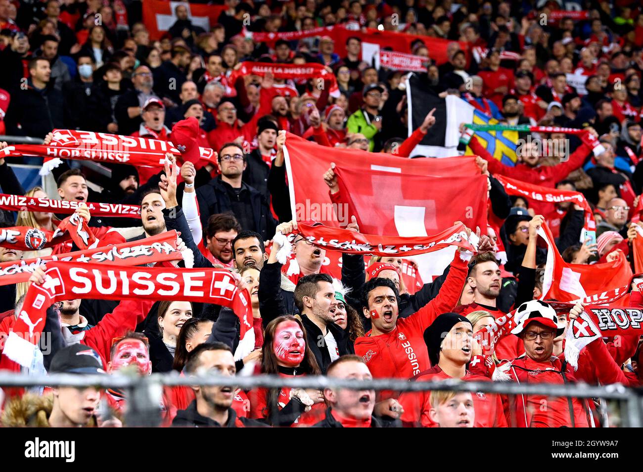 Switzerland fans in the stands ahead of the FIFA World Cup Qualifying match at Stade de Geneve, Switzerland. Picture date: Saturday October 9, 2021. Stock Photo