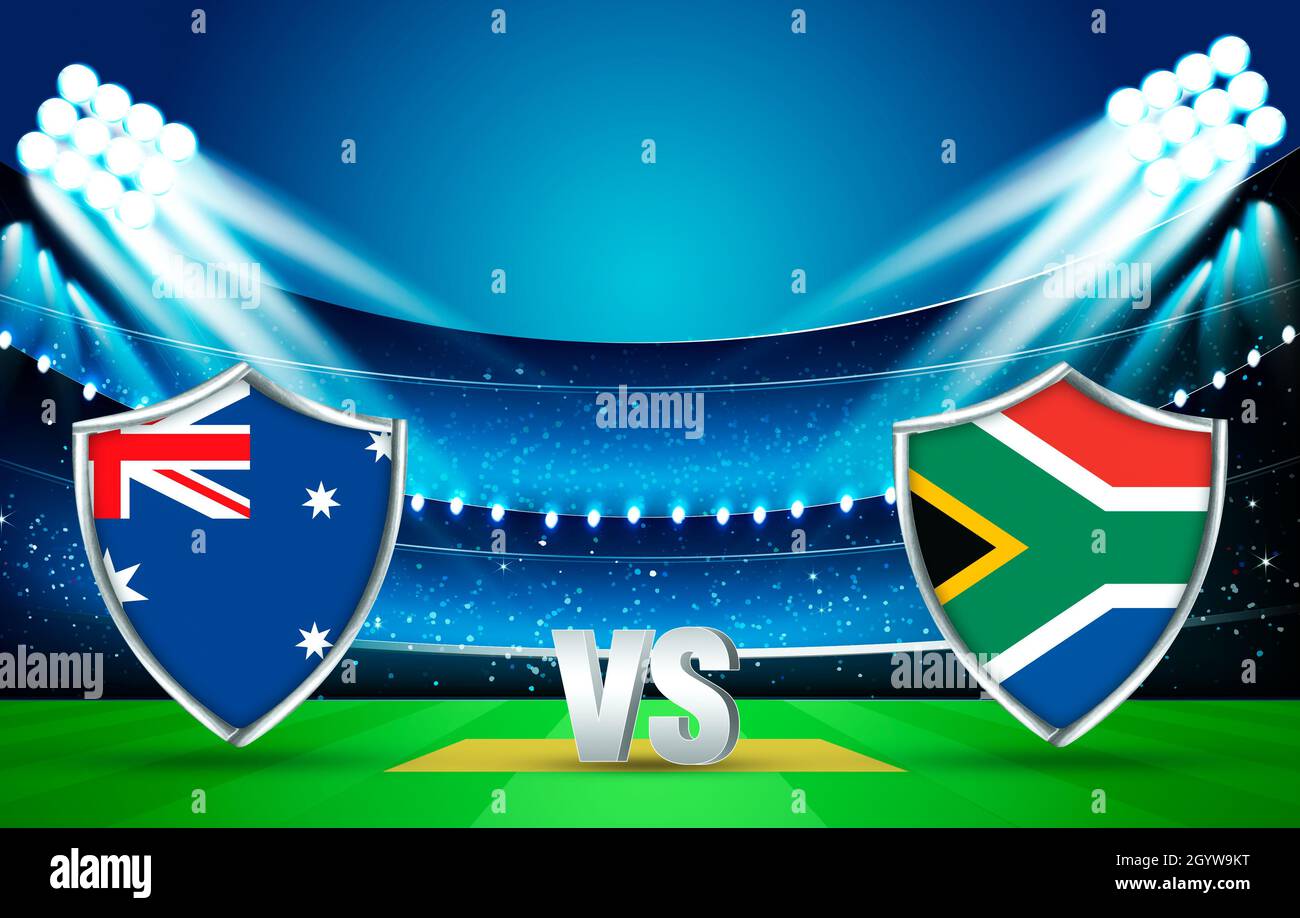 Australia Vs South Africa Cricket Match Face off Fixture in 3D Rendered Stadium. Modern Sports backdrop Stock Photo