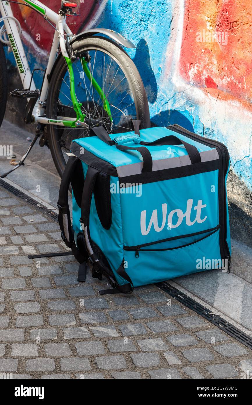 Wolt delivery bag Stock Photo