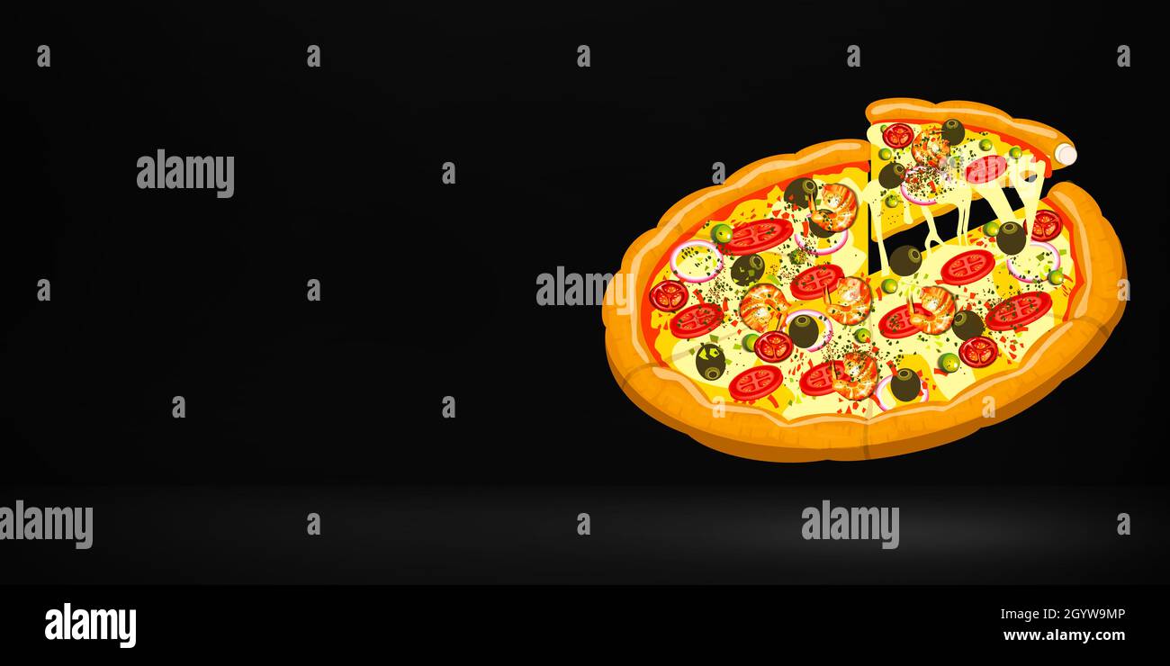 Modern 3D Rendered Pizza Banner with Slice and Free Space Abstract Background. Fast Food Poster Design Stock Photo