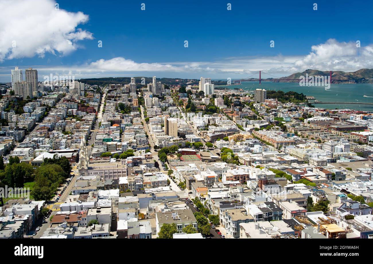 Aerial and wide panorama of downtown San Francisco, the Golden Gate bridge and the bay Stock Photo