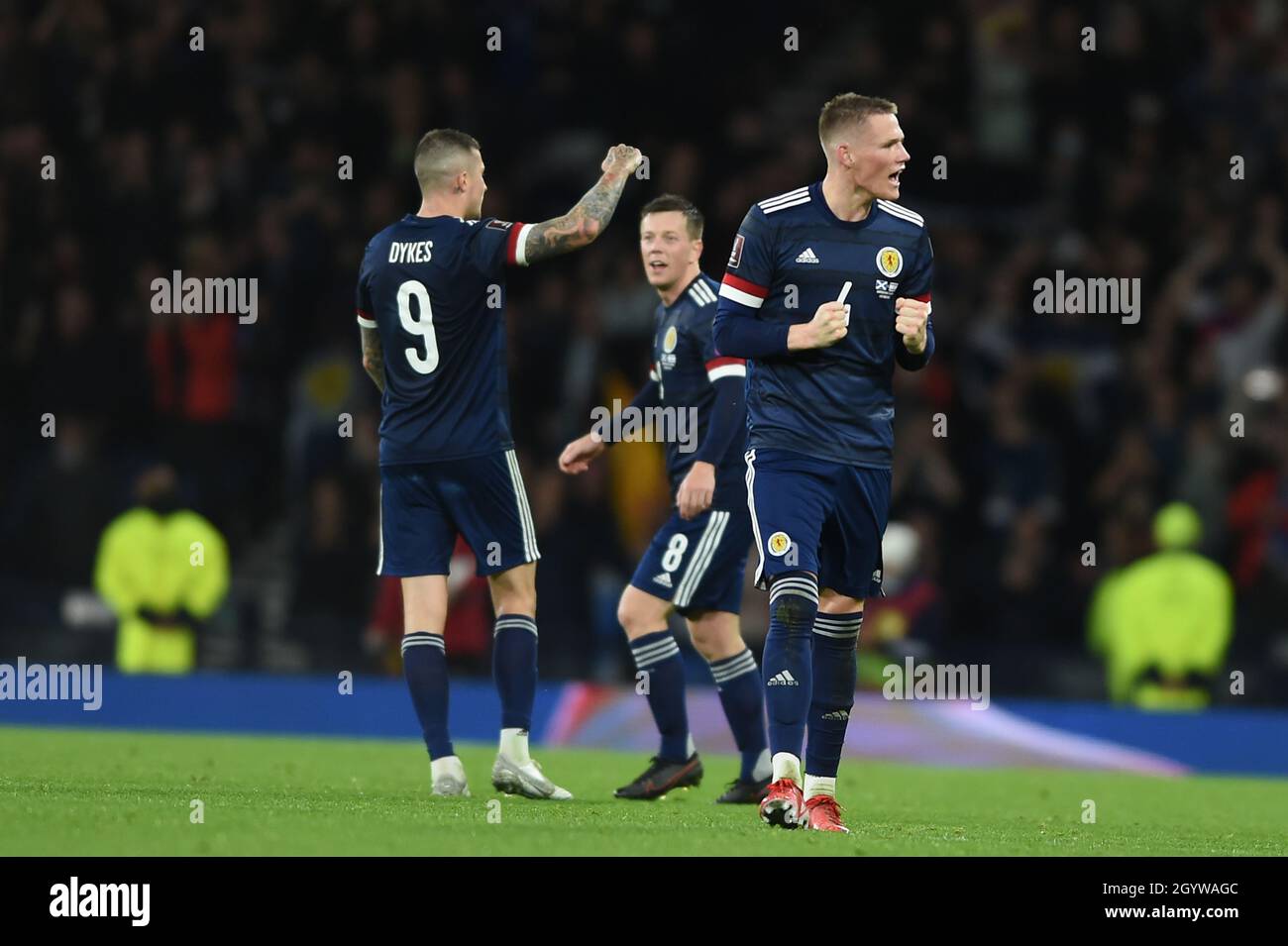 Glasgow, Scotland, 9th October 2021.  Scott McTominay of Scotland celebrates scoring  the winner  during the FIFA World Cup qualifiers match at Hampden Park, Glasgow. Picture credit should read: Neil Hanna / Sportimage Stock Photo