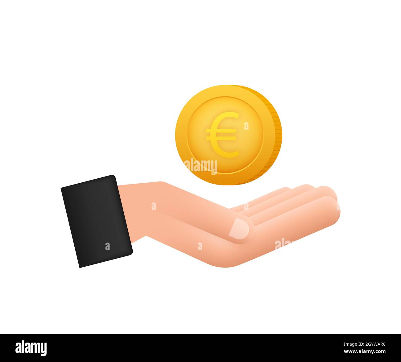 Euro coin with hand, great design for any purposes. Flat style vector illustration. Currency icon. Stock Vector