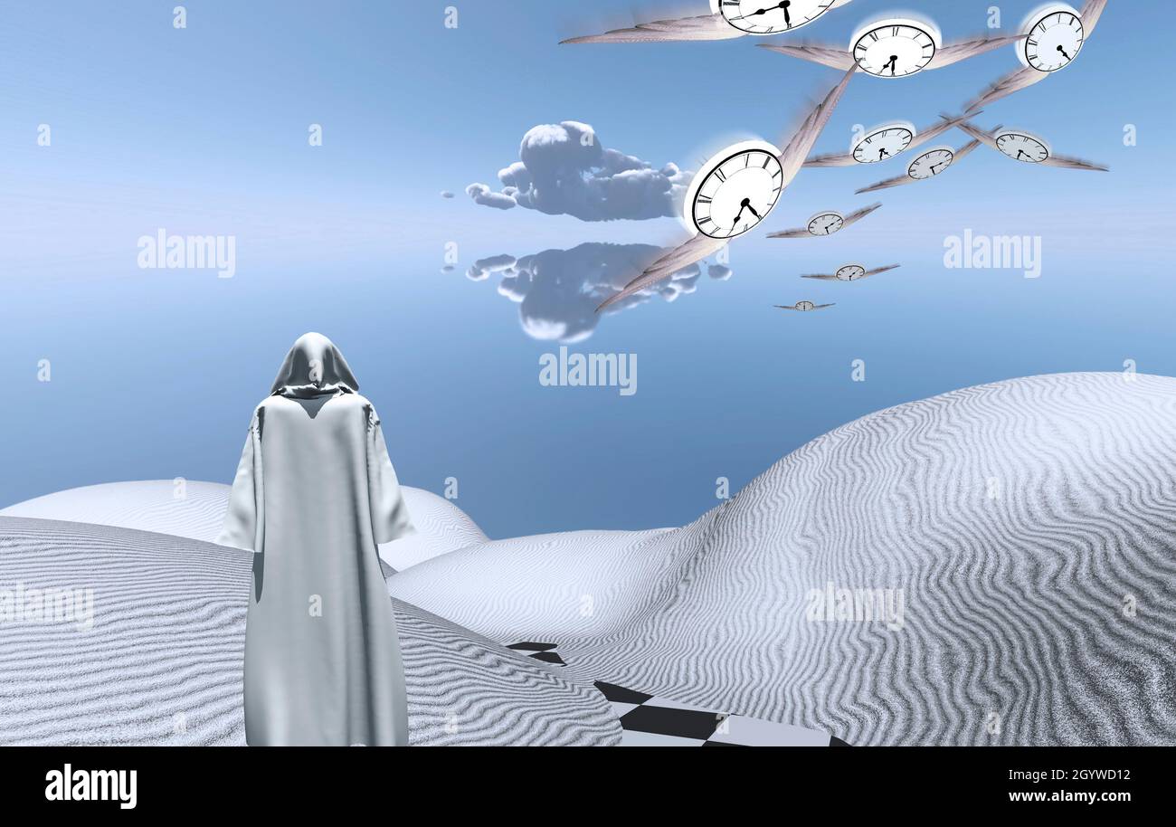 Holy man in surreal landscape. Winged clocks symbolize flow of time. 3D