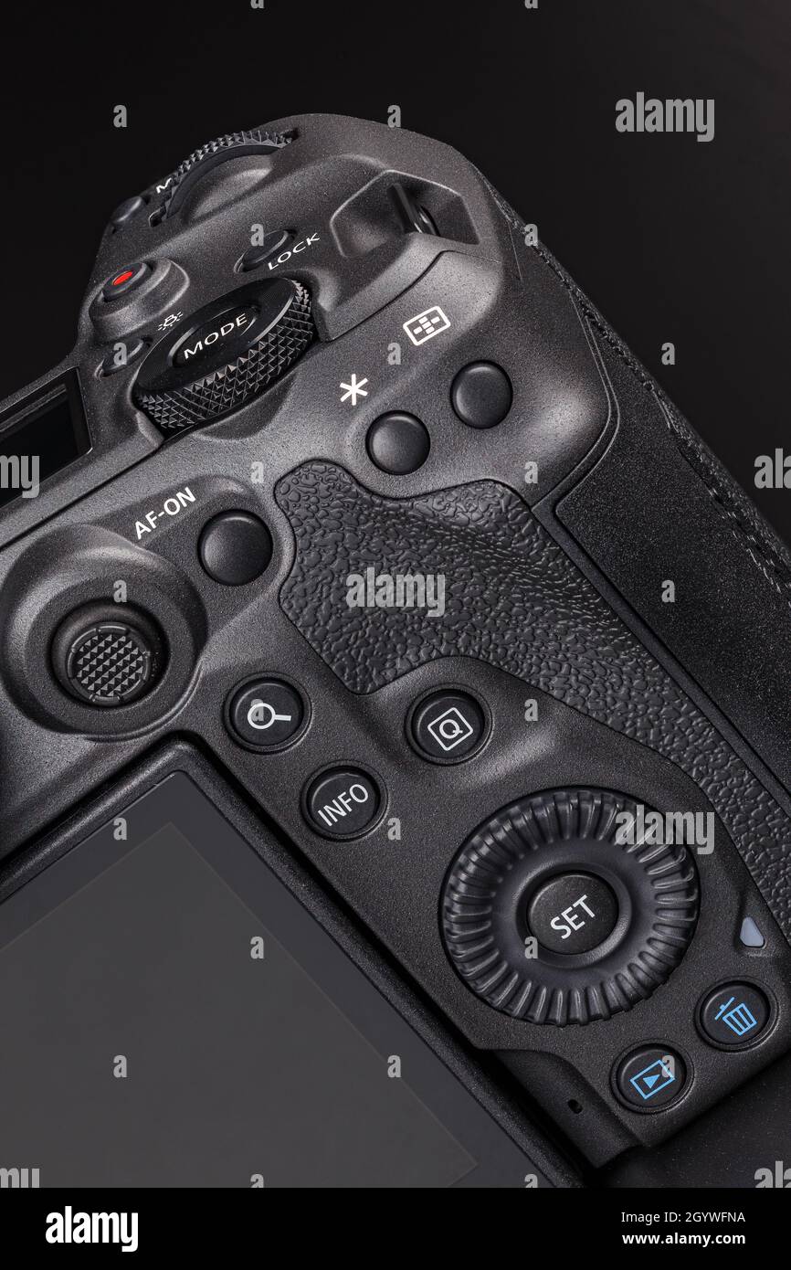 modern professional black digital photo camera controls buttons, dials, wheels, screens and